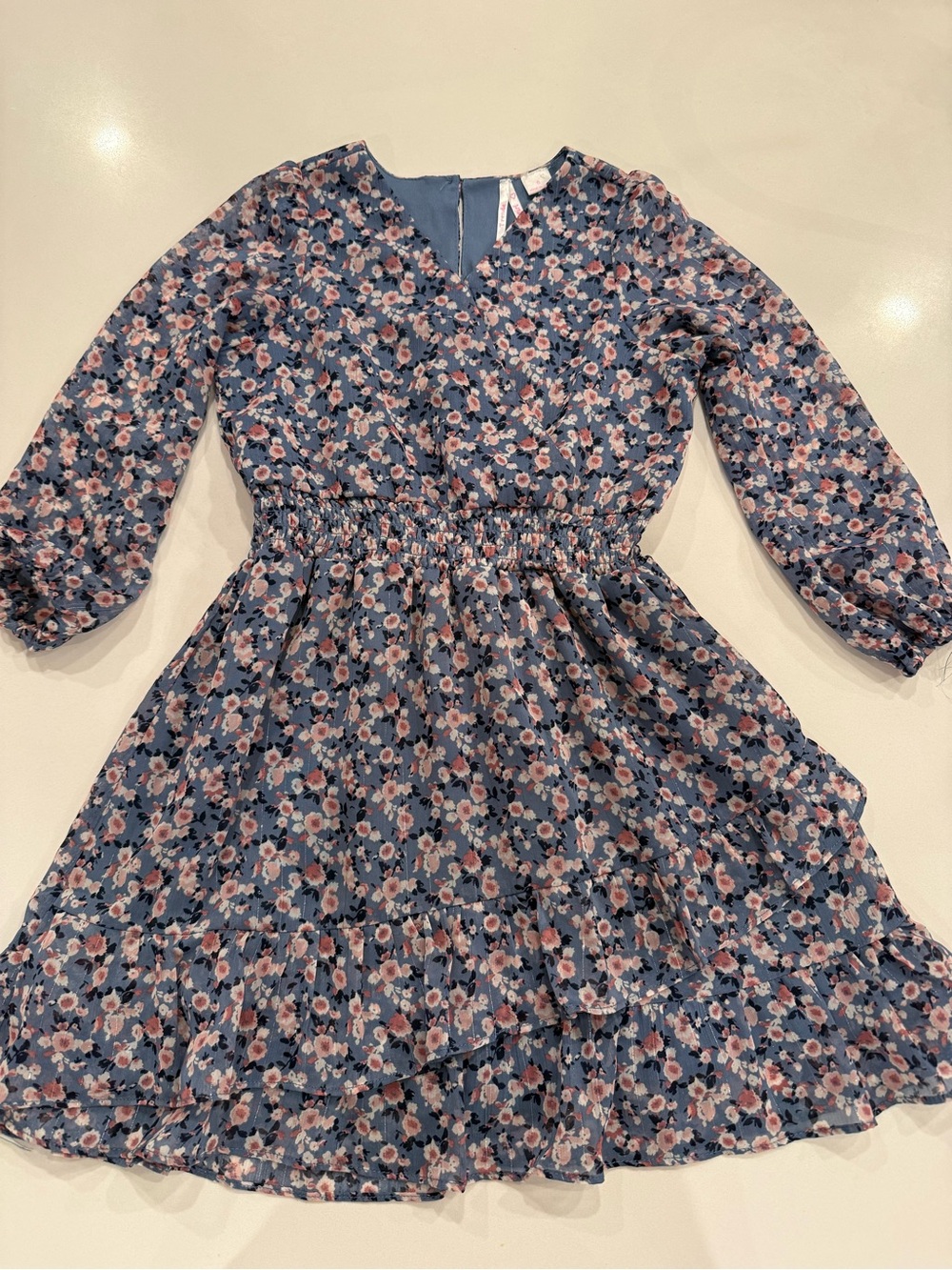 Girls Navy Floral Long-Sleeve Dress